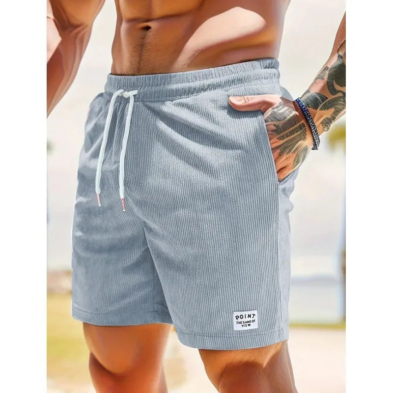 Men's Workwear Shorts Summer Casual Corduroy Loose Elastic Waist Multi-Pocket Leisure Pants Embroidery Retro Style Male Trousers