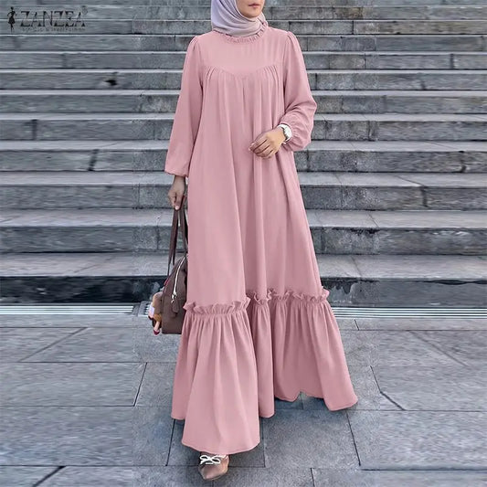 Women's Muslim Modest Fashion Maxi Dress Islamic Ramadan Eid Kaftan ZANZEA Hijab O-Neck Long Sleeve Ruffled Hem Abaya Robes