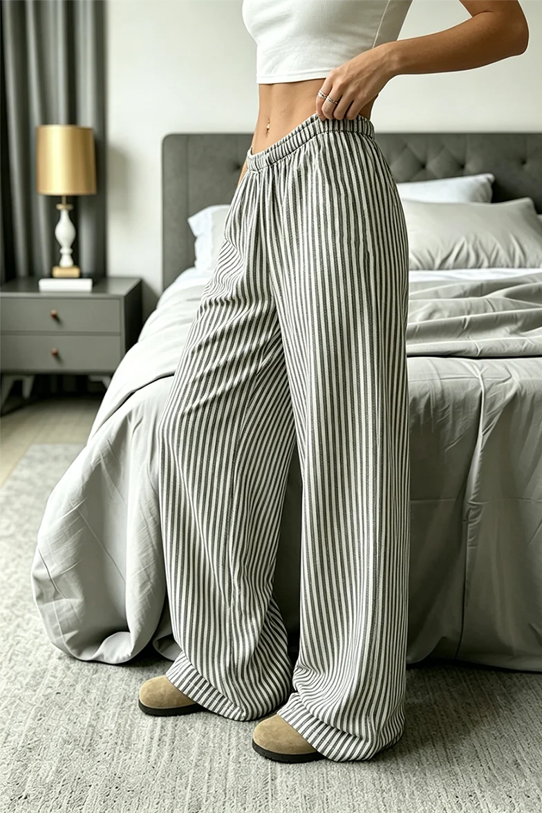 Striped trousers loose straight casual pants new Joker home pants women's four-season pants can be worn outside.