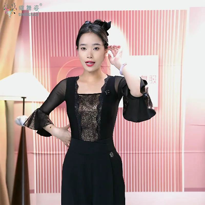 Women New Ballroom Dance Competition Clothing Black Long Sleeve Top Big Swing Skirt Suit Waltz Foxtrot Tango Modern Dance Dress