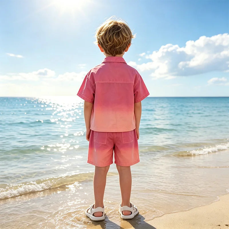 2026 New Boys Fashion Gradient Pink Shirt Shorts Set Loose Fit Casual Kids Two Piece Outfit Breathable Children's Streetwear 3-8