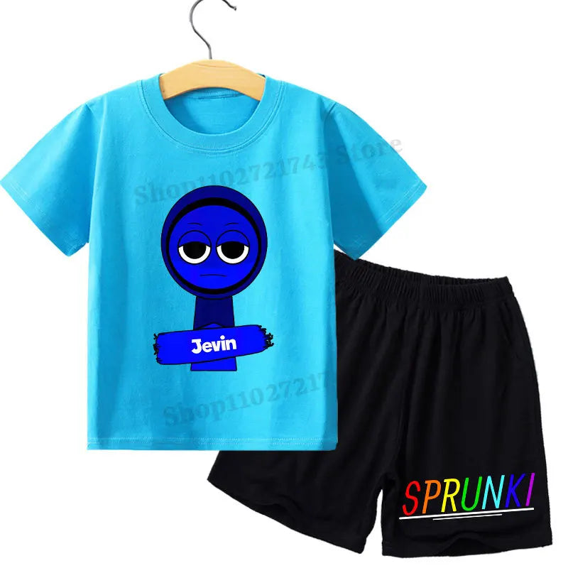 Kids 2 Piece Outfit Sprunki Red Face Character T-Shirt + Shorts Set Boys Girls 100% Cotton Casual Summer Pajamas Set