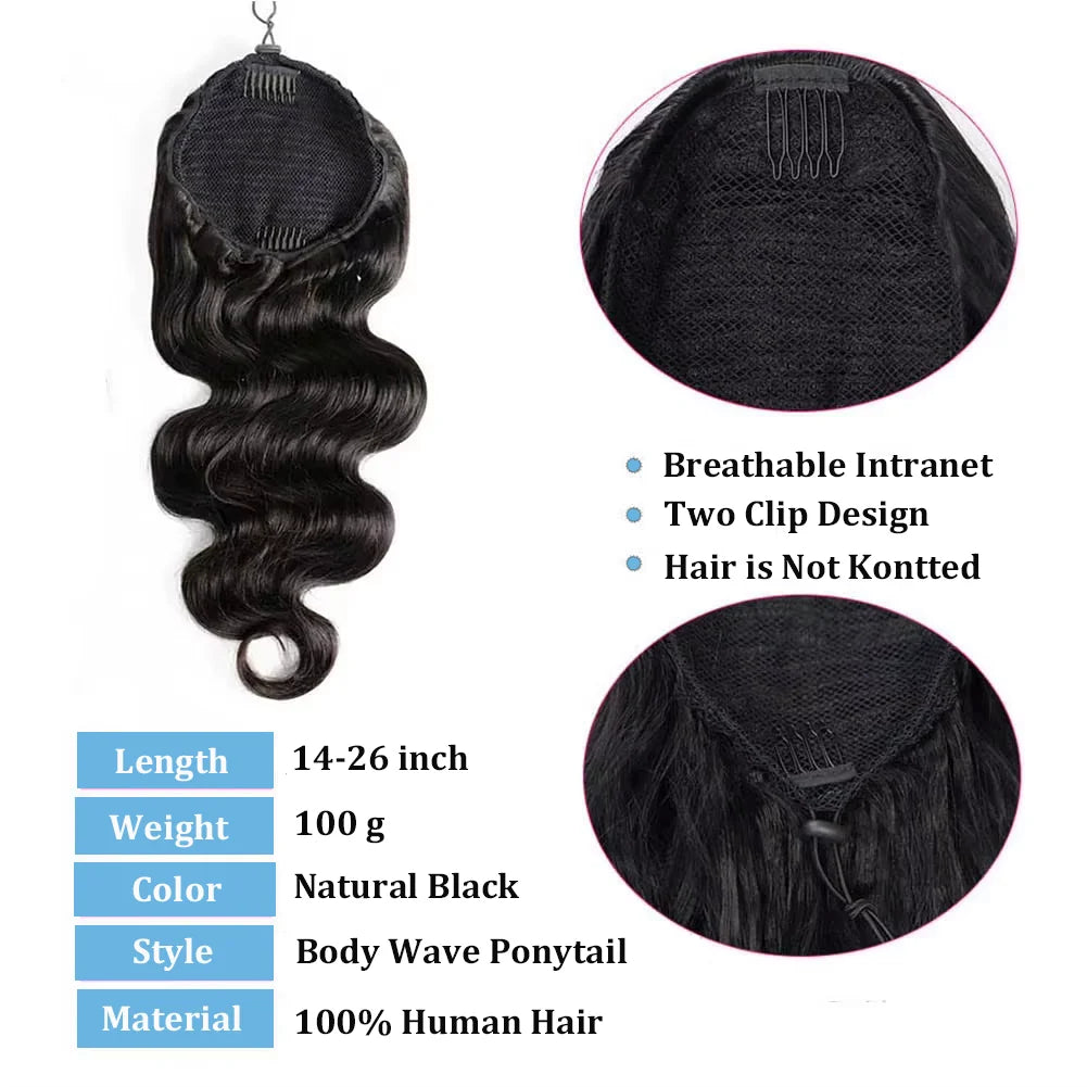 Bopdy Wave Ponytail Extension Drawstring Ponytail 100% Real Human Hair For Black Women Wavy Pony Tails Extensions 26 Inches
