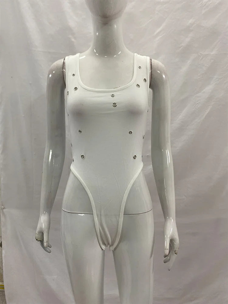 Summer Women's Sexy Spicy Girl Style Metal Eye Decoration Slim Fit Sleeveless Square Neck Vest Slim Fit Punk Jumpsuit Ins Style