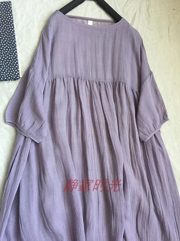 2024 Women Summer Cotton And Linen Pleated Double Layered Robe Casual Loose Half Sleeve Dress Ladies Holiday Clothes X1041