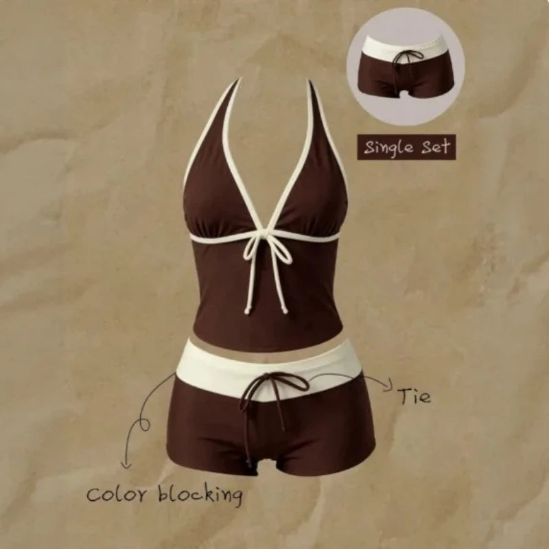 Summer Beach Swim Outfits Women Halter V-Neck 2-Piece Tankini Tie Camisole Top Slim Contrast Waistband Seaside Pool Suits