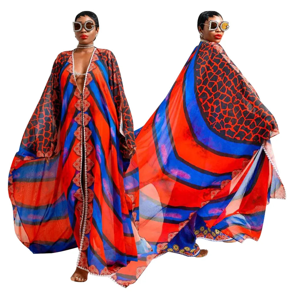African Dresses for Women See-Through Chiffon Sexy V-neck Bohemian Printing Maxi Dresses Africa Kimono Bikini Holiday Beachwear