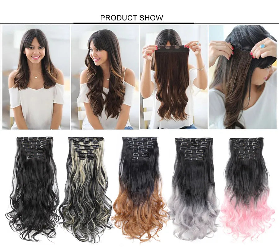 22 Inches Synthetic Long Straight Hairstyle 16 Clips 6Pcs/Set Hair Extensions Blonde Black Hairpieces Heat Resistant For Women