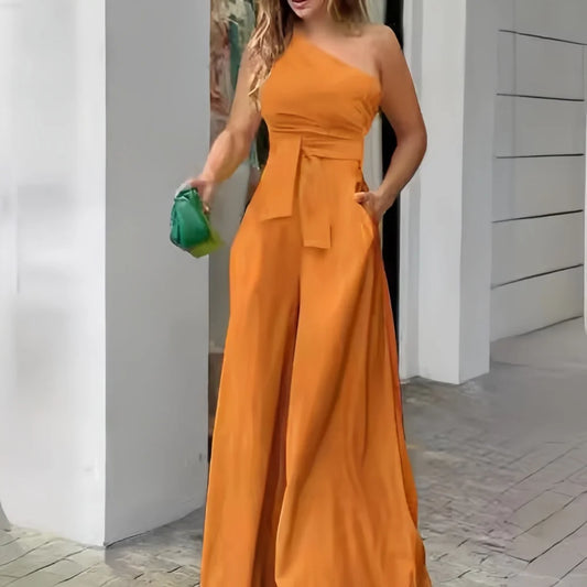 Women's Clothes Jumpsuit Solid Color Lace-up Irregular Off-The-Shoulder Casual High Waist Wide Leg Casual Ladies Jumpsuit
