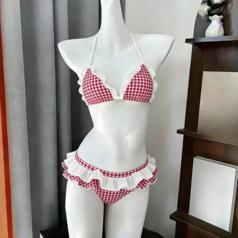 Women Beach Style Bikini Swimwears 2-Piece Tankini Suits Halter V-Neck Tie Cami Top Bodycon Contrast Waistband Swim Beachwear