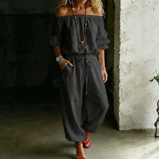Womens Off Shoulder Linen Two Piece Set Drawstring Jogger Pants Casual Loose Outfit