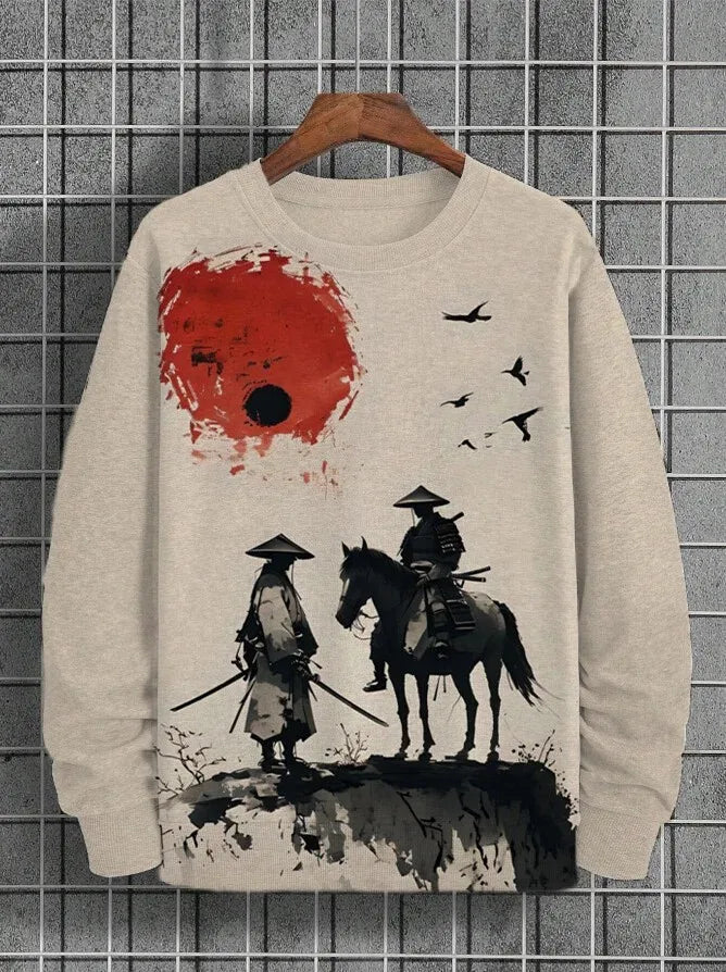 Japanese Fashion Men's Sweatshirt Funny Animal Graphic Ukiyo-e O-Neck Pullover Casual Pullover Tops Regular Fit Polyester Shirt