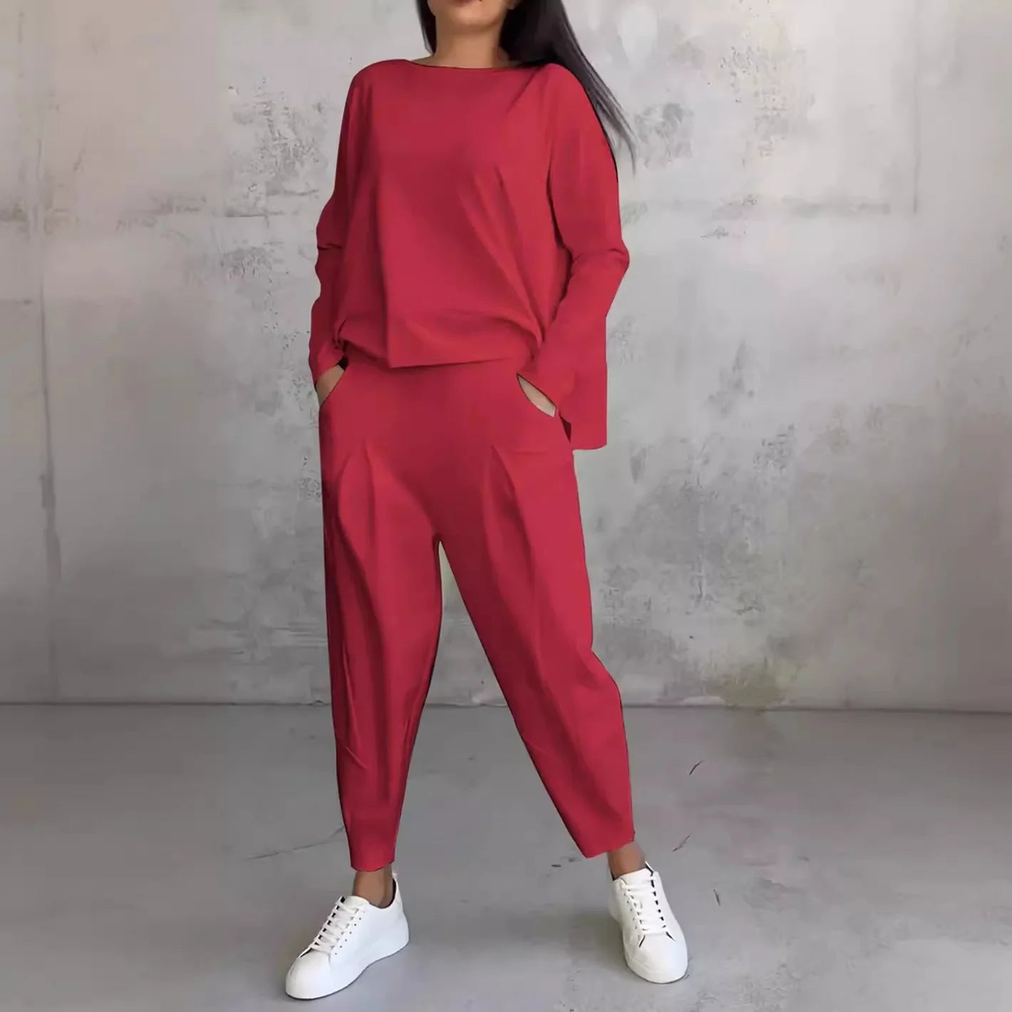 Tracksuits Women's Trousers Suit O-neck Long Sleeve Loose T-shirt Solid Color Trousers Pocket Simple 2-piece Set Loungewear