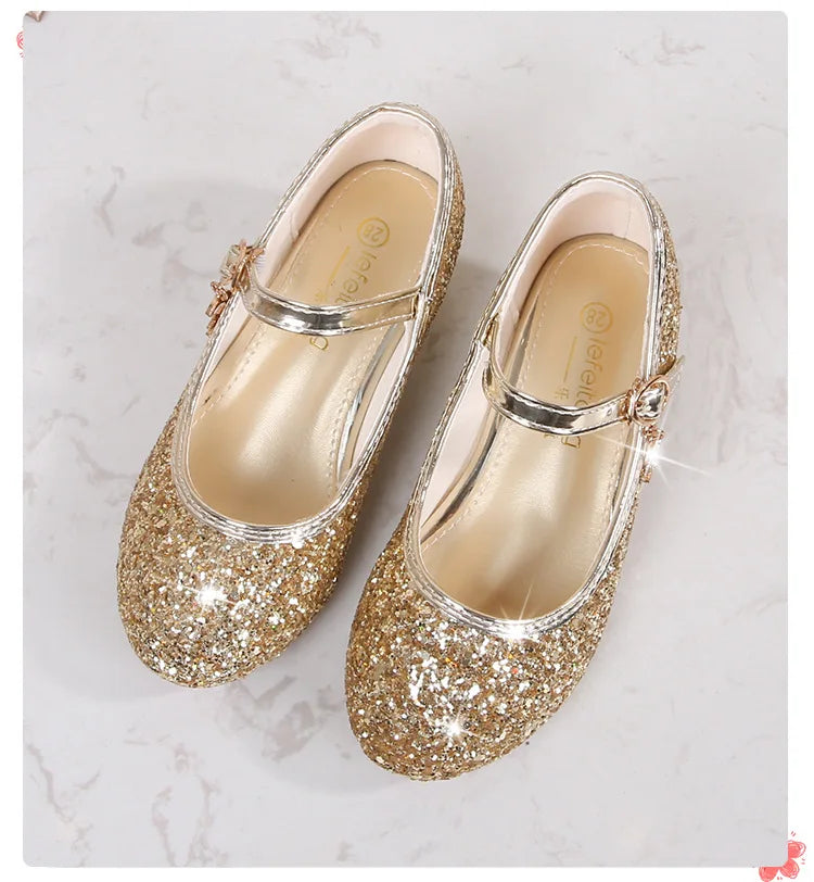 Classic Children High Heels Leather Shoes Fashion Sequins Elegant Kids Girls Wedding Shoes Princess Party Dress Single Shoes