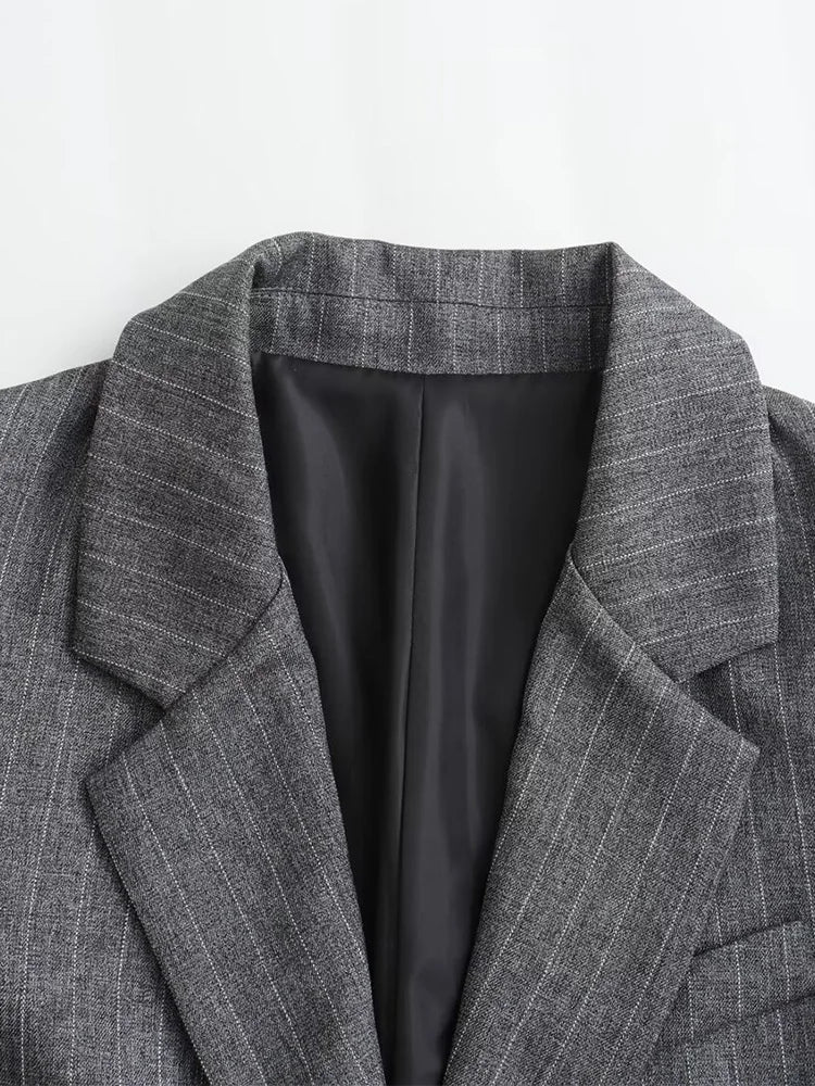 Willshela Women Striped Pockets Single Breasted Blazer Notched Neck Long Sleeves