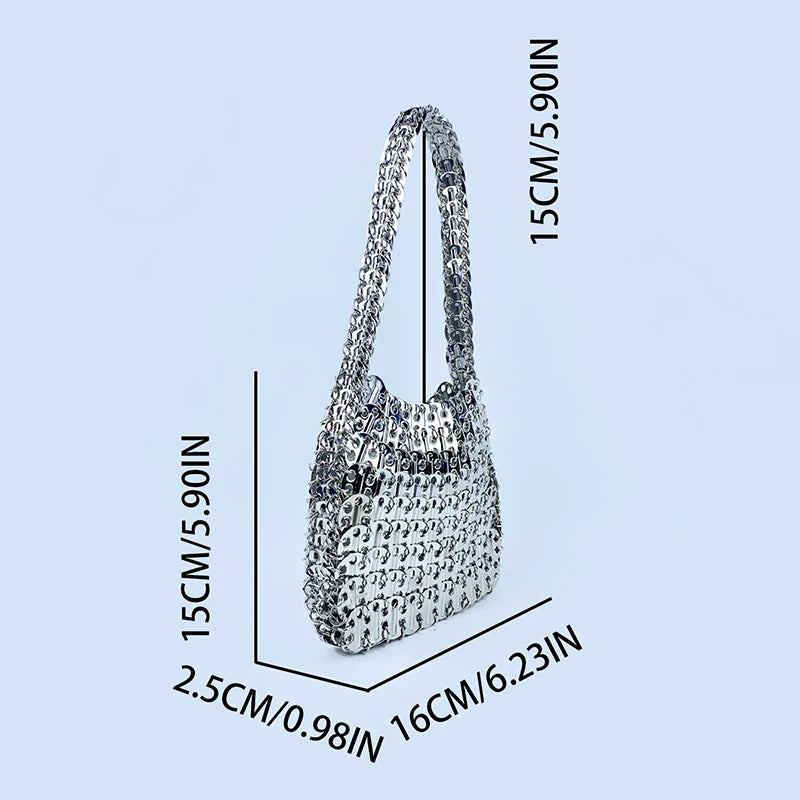 Shiny vintage iron sheet bag, hand-woven silver sequins, metal dumpling bag, mobile phone bag, handbag, shoulder bag