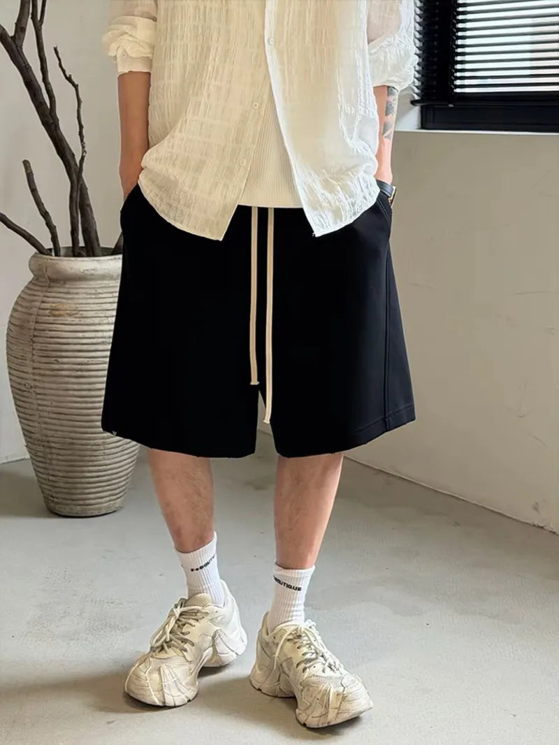Mens Summer Casual Shorts Loose Fit Elastic Waist Drawstring Streetwear Sweatpants Hip Hop Shorts Knee Length Straight Trousers