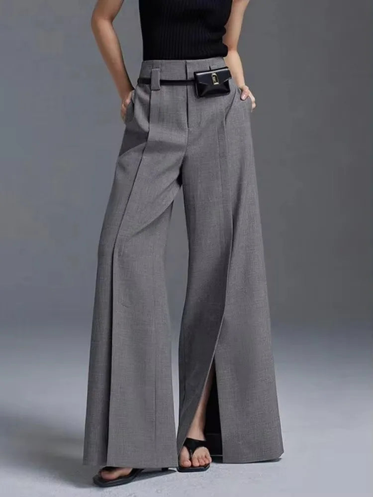 Yeezzi Women Business Suit Pants High Waist Pleated Split Front Trousers Black