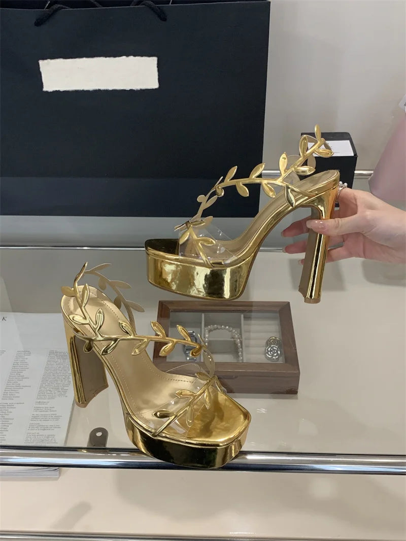 Liyke Summer Fashion Patent Leather Gold Leaf Women Sandals Elegant Square Toe Platform High Heels Wedding Banquet Shoes Size 42
