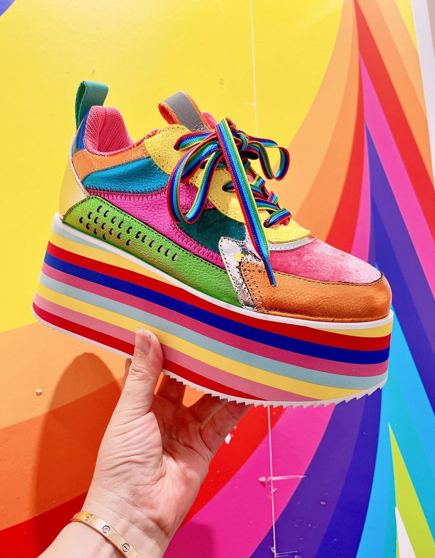 Spring Autumn Women Colourful Sneakers High Platform Shoes Heels Chunky Casual Dad Shoe Genuine Leather Thick Bottom Fashion New