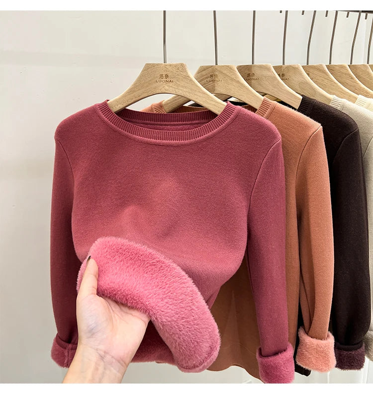 Women's O-neck Velvet Thicken Sweaters Winter Slim Warm Long Sleeve Knitted Tops Casual Plush Fleece Lined Soft Pullovers Ladies