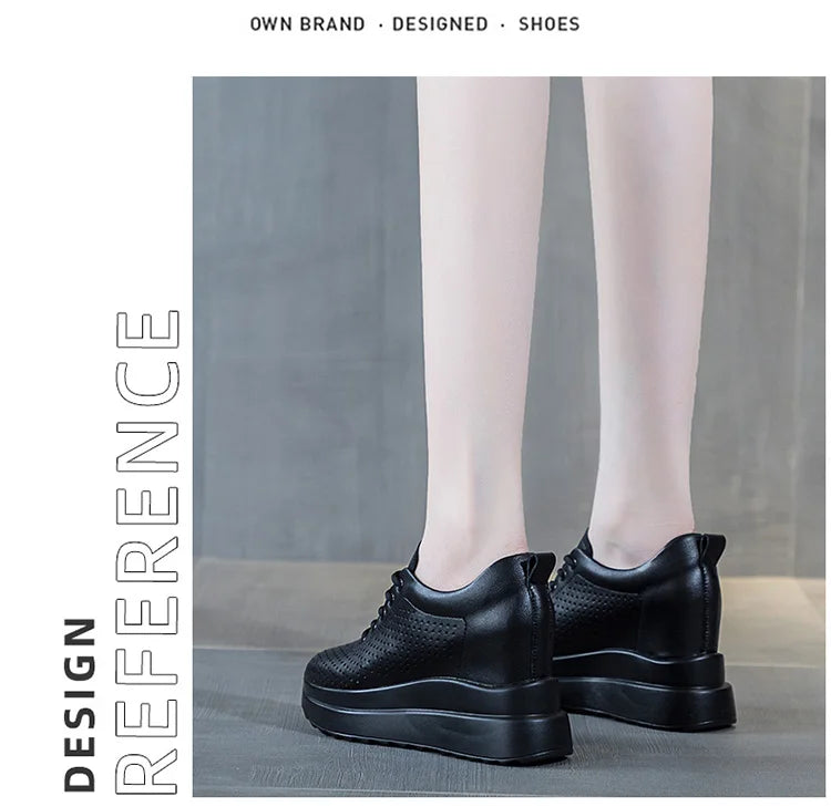 10cm Genuine Leather Women Vulcanize Women Summer Hidden High Heels Platform Wedge Spring Autumn Chunky Sneakers Shoes