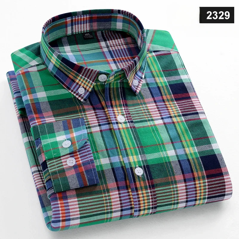 Fashion korean trends casual long-sleeve shirts for men slim fit plain shirt 100%cotton plaid striped tops soft designer clothes