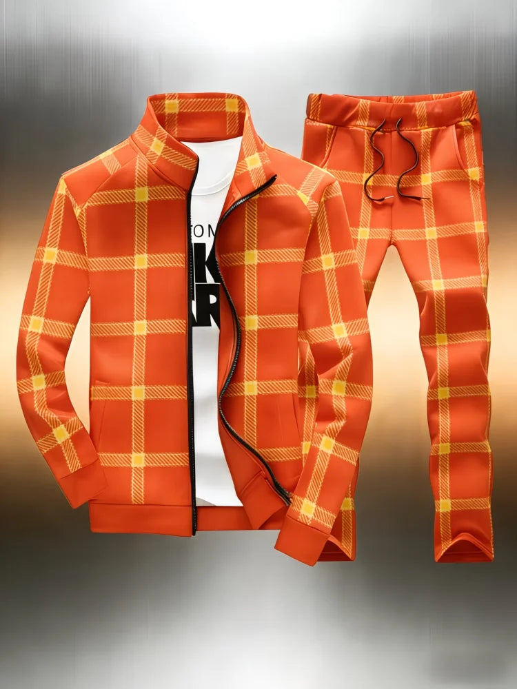 Men's Plaid Tracksuit 2 Piece Set Office Man Stand Collar Full Zip Jacket + Jogger Pants Casual Sportswear Outfit Male Clothings