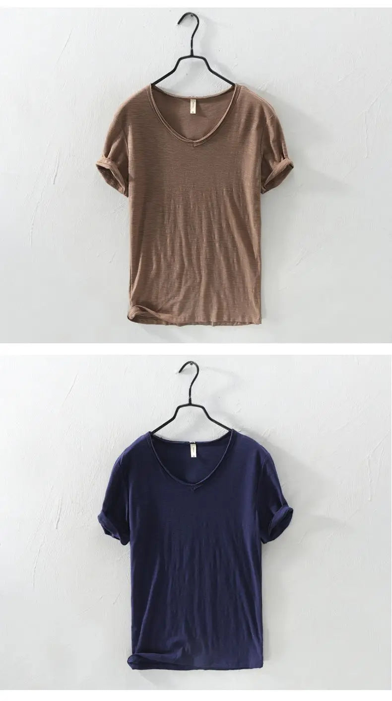2023 Summer New 100% Cotton White T-shirt Male V-neck Solid Color Casual T Shirt Basic Tees Plus Size 3XL Short Sleeve Tops