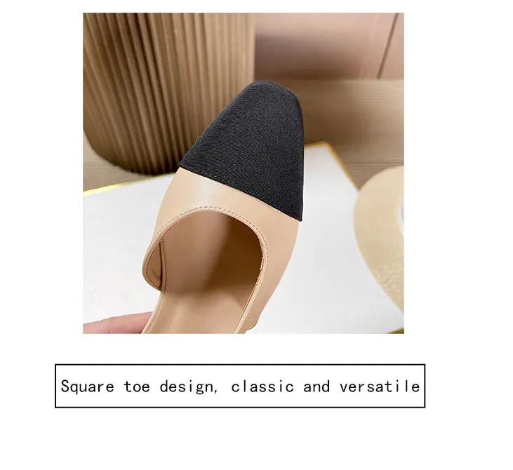 2023Spring Autumn Fashion High Heels Sandals Women's Dress Square Toe Slingback Shoes Women's Color Block Back With Flat Sandals