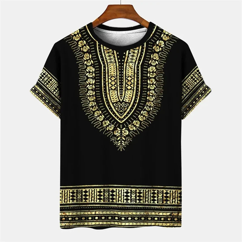 Summer Men's Vintage T-shirt African Tradition Stripe Printed T Shirts Casual O-Neck Short Sleeve Tees Street Fashion Loose Tops
