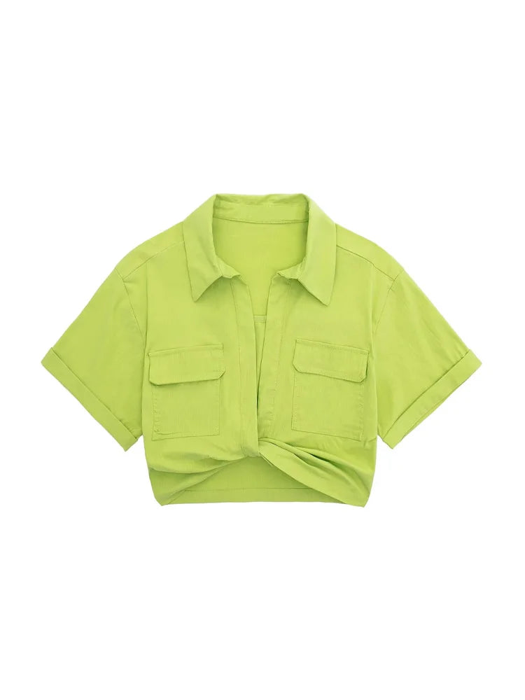 Women Fashion Front Knot Elastic Linen Cropped Shirts Vintage Short Sleeve Patch Pockets Female Blouses Blusa Chic Tops