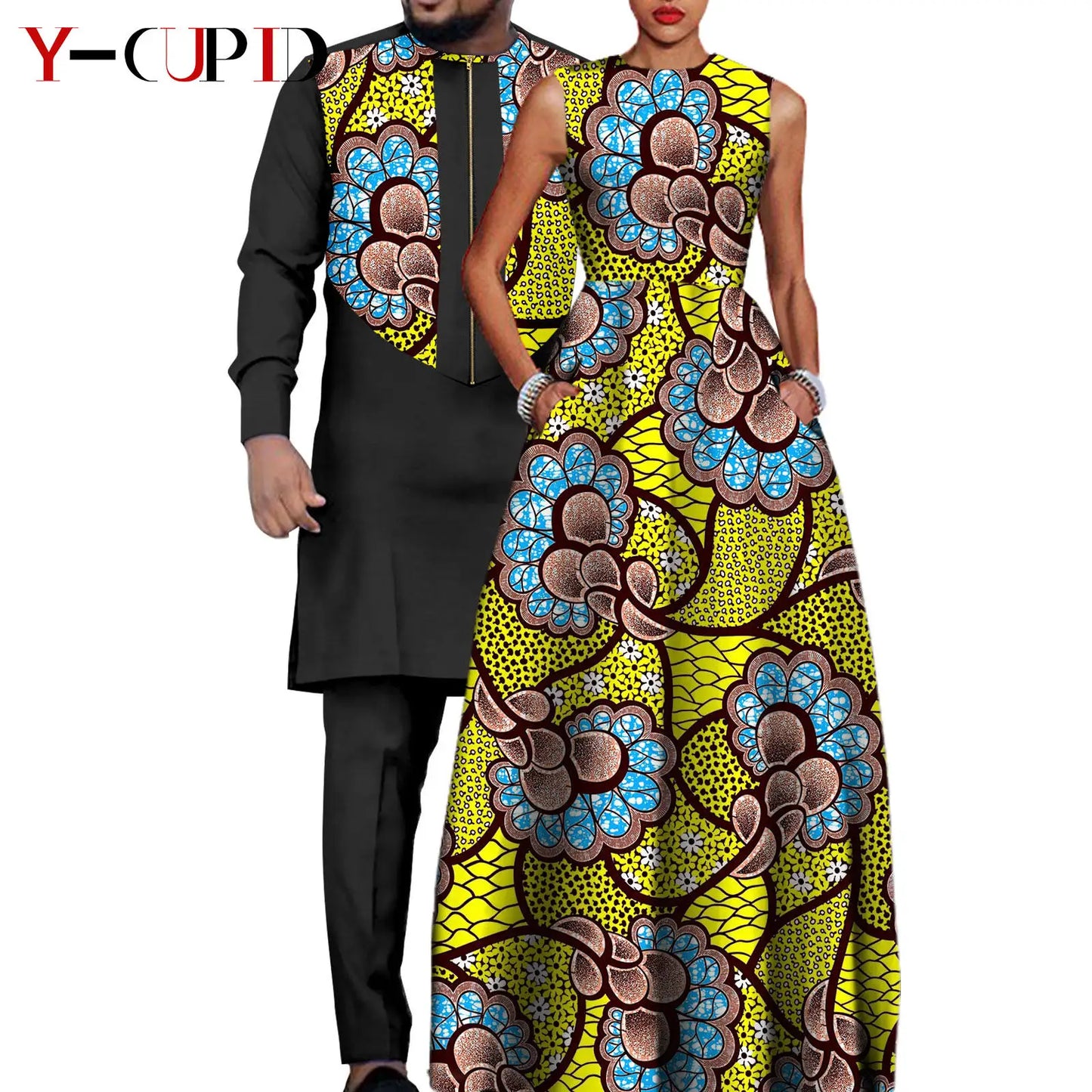 African Dresses for Women Matching Couple Outfits Bazin Riche Men Top and Pant Sets Dashiki Outwear for Party Vestidos Y23C067