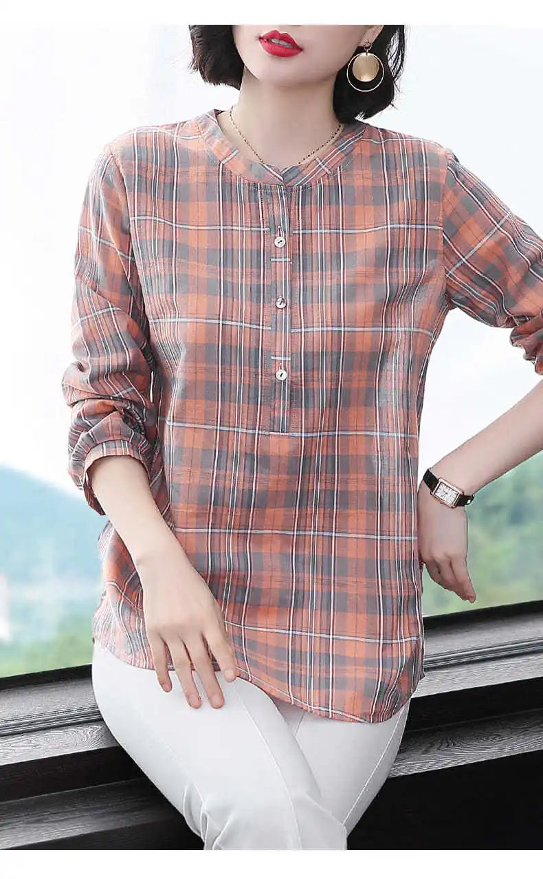 Fashion All-match Round Neck Plaid Shirt Women's Clothing Summer New Vintage Casual 3/4 Sleeve Button Spliced Pullovers Blouses