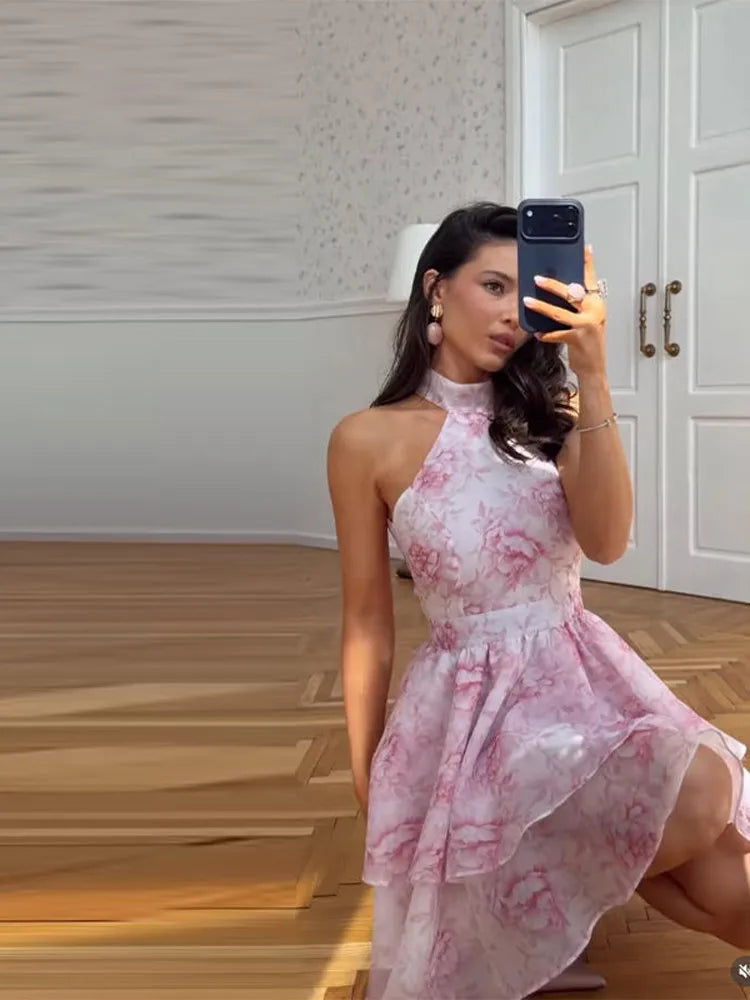 Printed Halter Ruffles Short Dress Women Glamorous Sleeveless Backless Lace Up Party Evening Dresses Chic Ladies Ball Gown New
