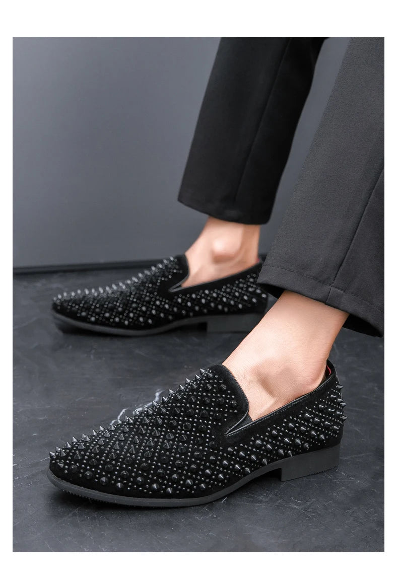 Men's Fashion Suede Leather Rivet Loafers Mens Casual Printed Moccasins Oxfords Wedding Shoes Man Party Driving Flats EU size 47