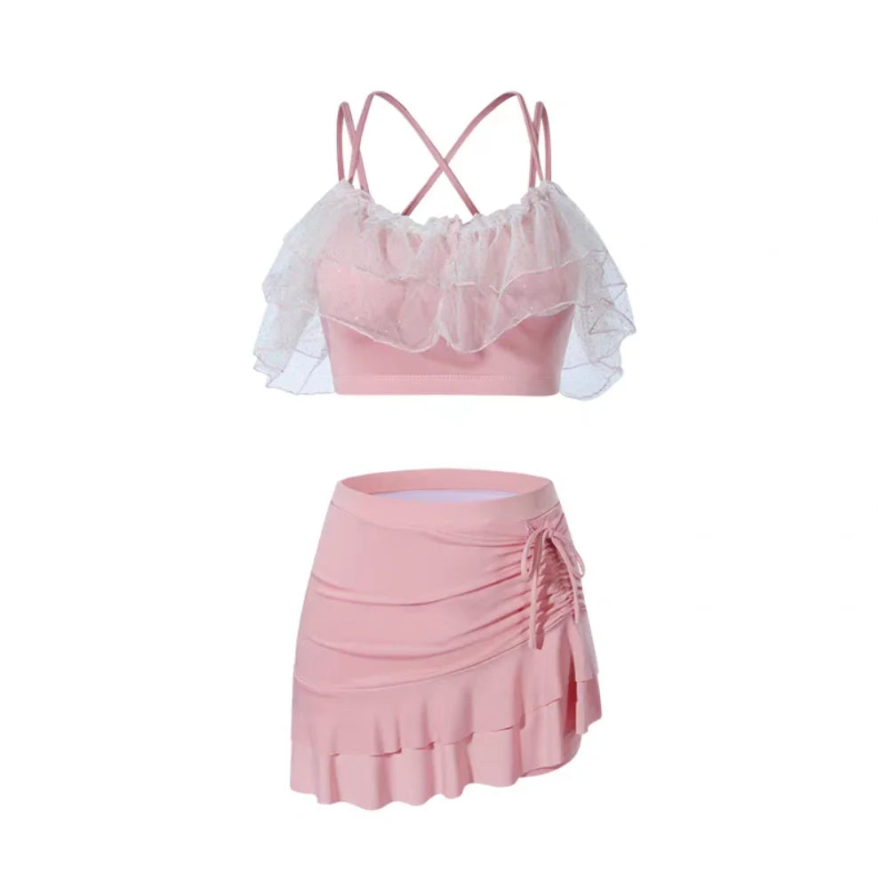 Ins Slim Fit A-line Skirt Swimsuit Off Shoulder Puff Ruffle Lace Ruffled Bathing Suit Beachwear Two Pieces Set Swimwear Swimming