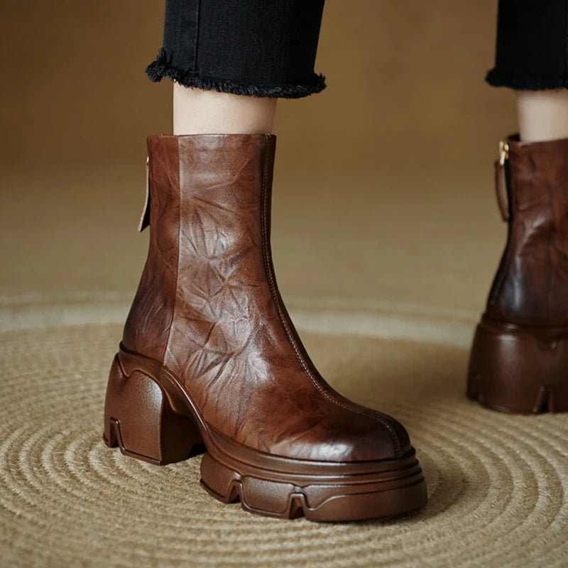 NEW Autumn Women Boots Genuine Leather Shoes for Women Round Toe Chunky Heel Shoes Concise Zip Platform Boots Soft Daily Shoes