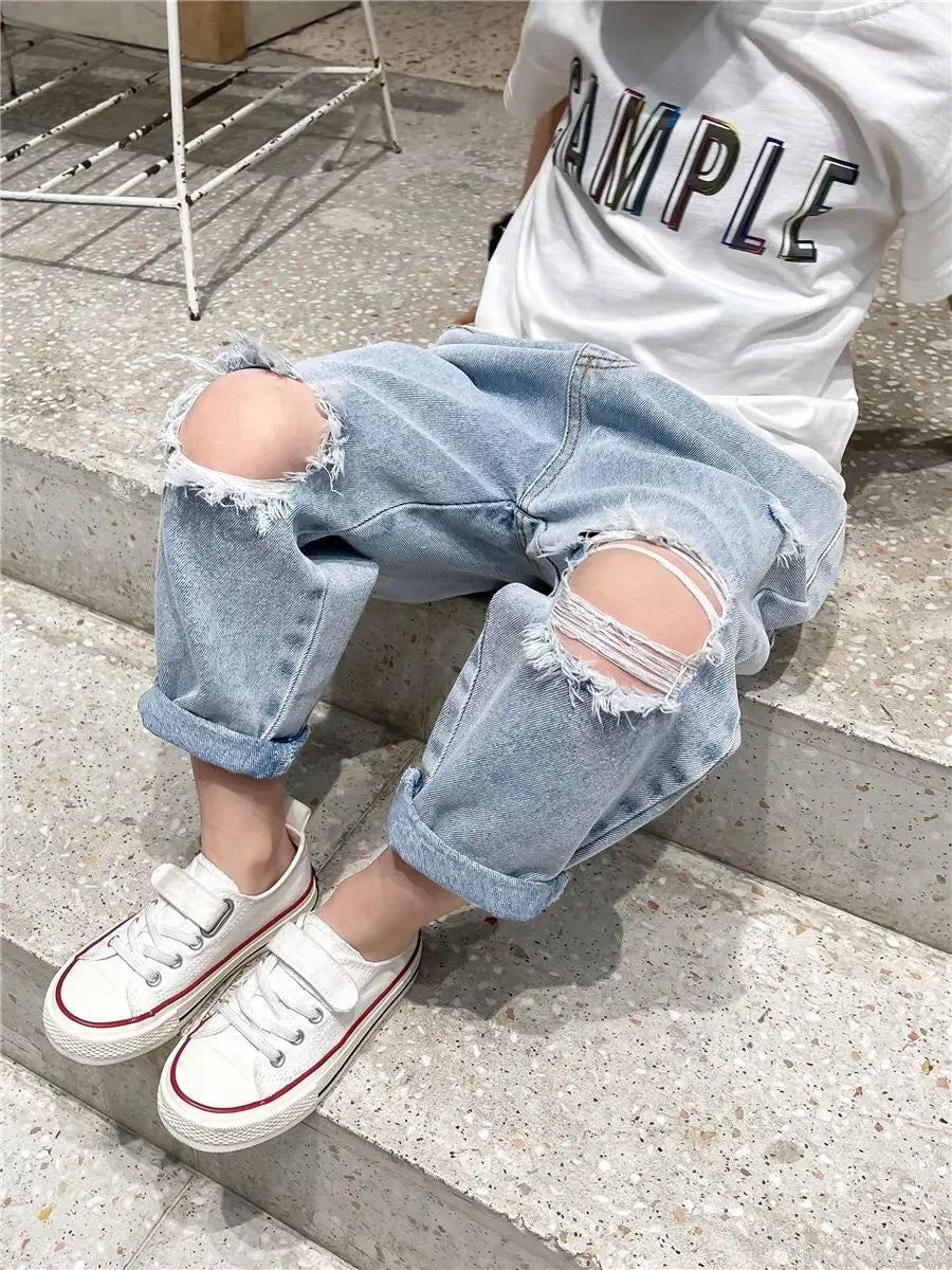 Kids Boys Pants Summer Ripped Jeans New Fashion Children's Baby Loose Casual Jeans Pants Boy and Girl Trousers