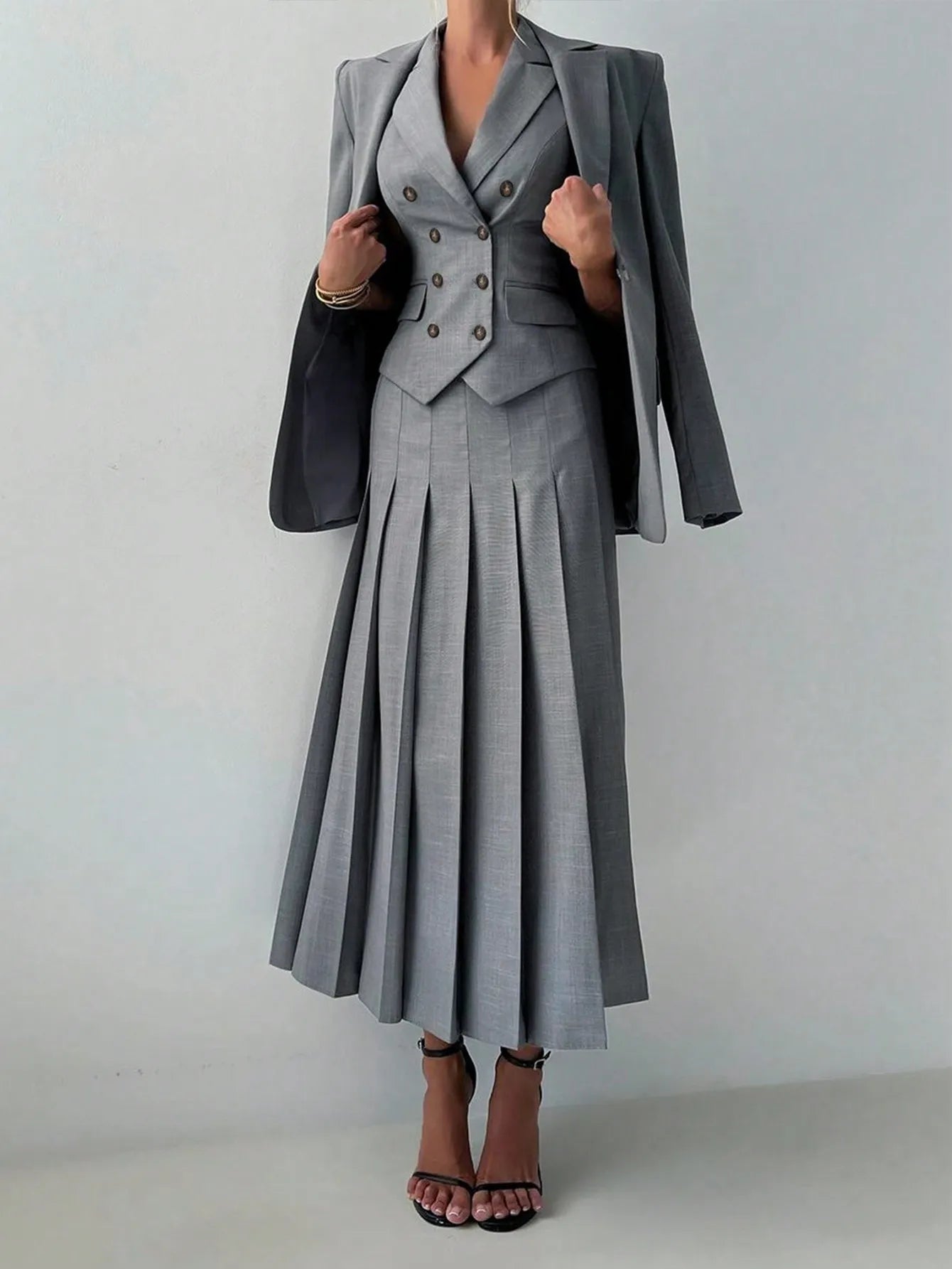 3pcs Women Elegant Work Casual Business Suit Set: Fitted Vest for Spring/Summer, Pleated Midi Skirt, Suitable for Office Lady
