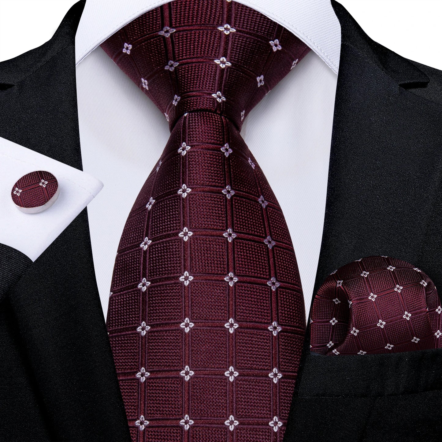 Dark Red Plaid Silk Ties for Men Classic 8cm Business Wedding Party Accessories Pocket Square Cufflinks Gift DiBanGu Dropship BAZAARHUBO