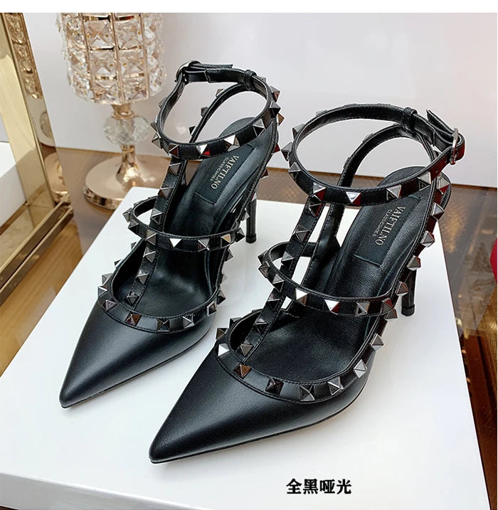 Nude Women's Gladiator sandals Summer 2025 Luxury With Ankle Strap Pointed Toe Fashion Rivet High Heels Party Ladies Shoes Women