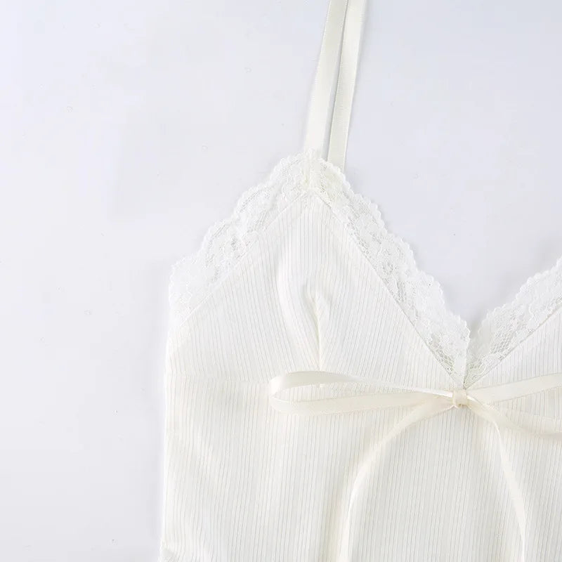 Lace Trim Backless Crop Top White Bow Knit Vest For Women Summer Beach Tee