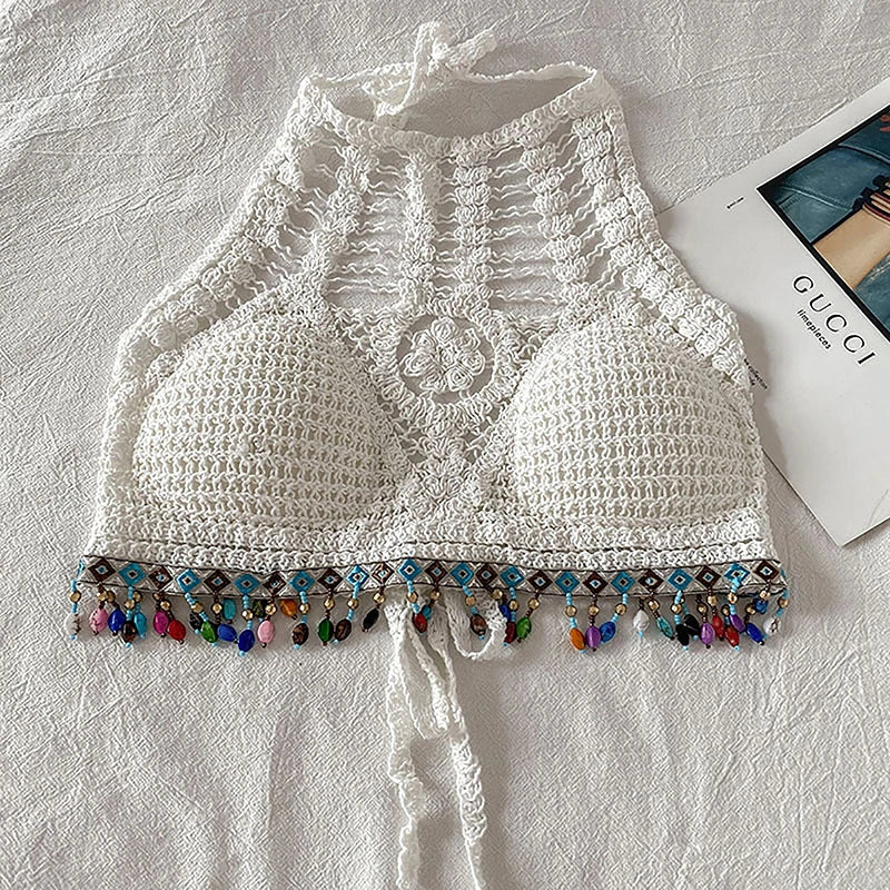 Bohemian Ethnic Style Sexy Knit Backless Short Crop Top For Women Lightweight Hollow Out Crochet Tassels Hem Halter Bras Bustier