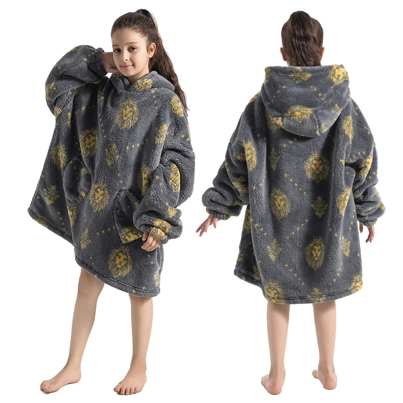 Girls Winter Clothes Flannel Thick Hoodies Super Warm Children's Sweaters Kids Hooded Loose Clothing Homewear Wearable Blankets