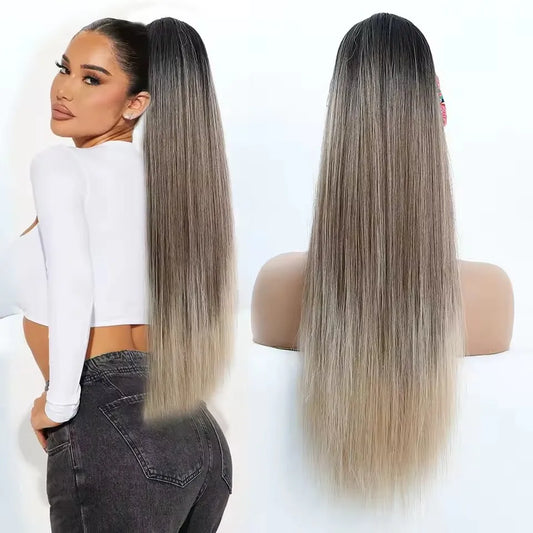 28Inch Straight Ponytail Blond Highlight 12/613 Ombre Brown Hair Extension With Clip 180Gram High Temperature Bio Synthetic Hair