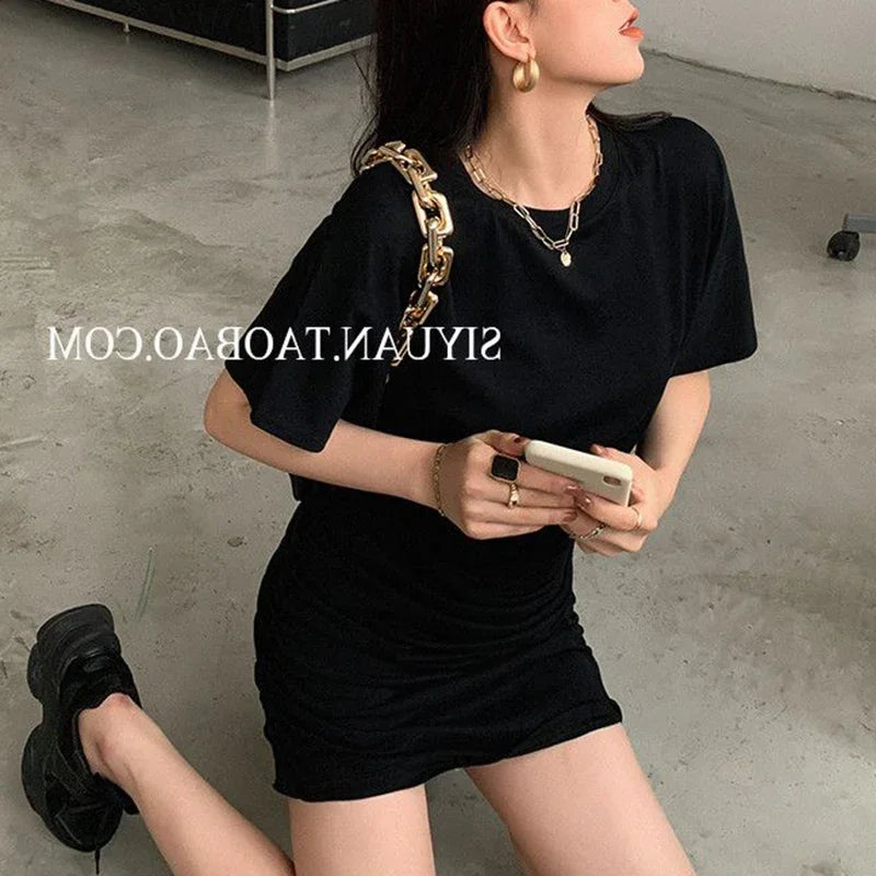2025 Summer Lady Concise Fashion Ruched Wrap Hip Dress Women Solid Color Thin Short Skirts Female Chic Korean Sexy Party Dress