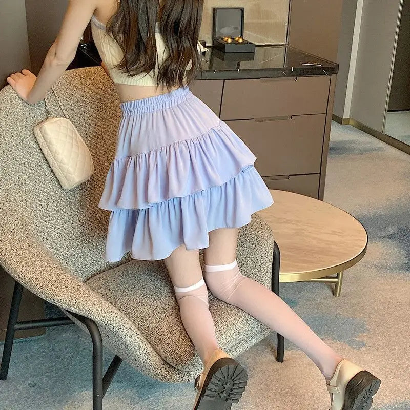 Ruffled Cake Skirts for Women High-waisted A-line Solid All-match Sweet Lovely Girls Korean Style Gentle Spring Kawaii Casual