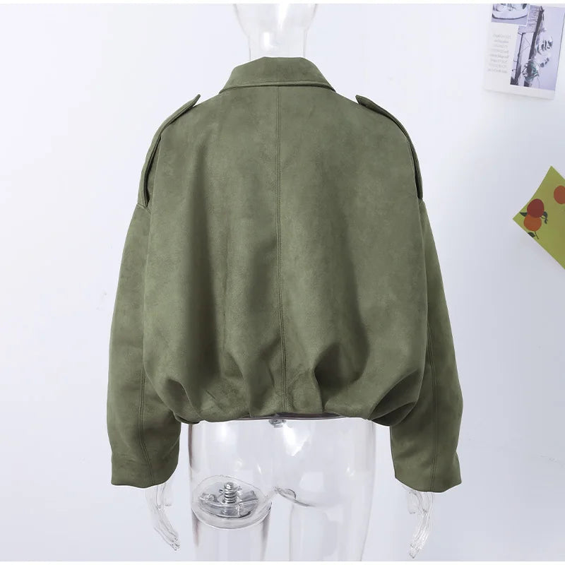 Fashion Suede Green Jackets Coat Women Lapel Full Sleeve Zipper Bomber Coats 2026 Spring New Loose Lady Street Solid Outwears