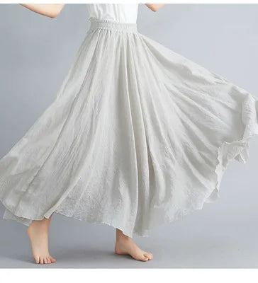 New 2020 Women Linen Cotton Long Elastic Waist Pleated Maxi Skirt Beach Vintage